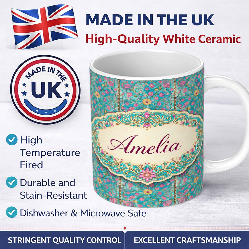 Personalized Custom Name Turquoise Pink Vintage Floral Tile Pattern Ornamental Design Lovely 11oz Ceramic Coffee Tea Mug White Large Handle