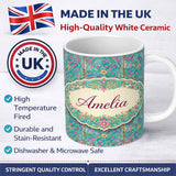 Personalized Custom Name Turquoise Pink Vintage Floral Tile Pattern Ornamental Design Lovely 11oz Ceramic Coffee Tea Mug White Large Handle