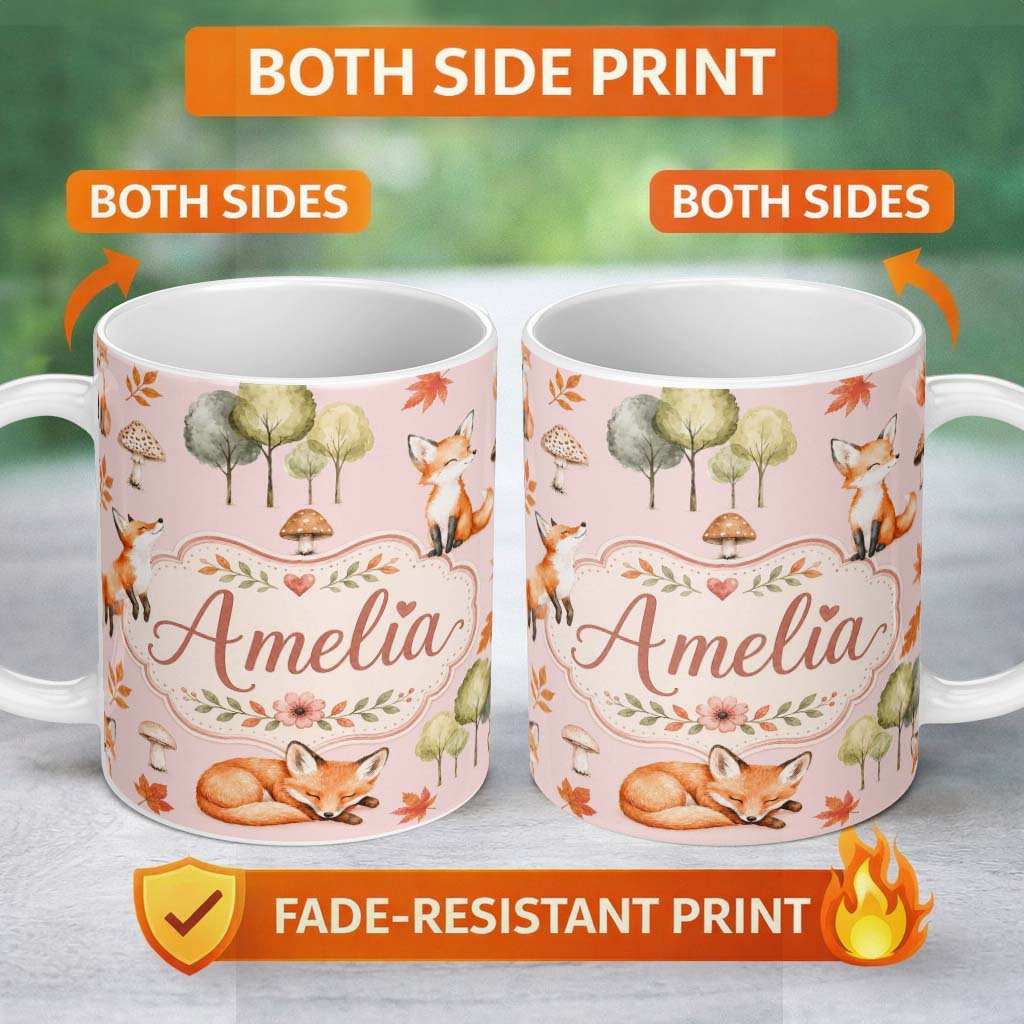 Personalized Custom Name Woodland Fox with Trees Leaves Mushrooms Soft Pink Seamless Pattern 11oz Ceramic Coffee Tea Mug White Large Handle