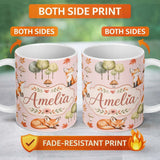 Personalized Custom Name Woodland Fox with Trees Leaves Mushrooms Soft Pink Seamless Pattern 11oz Ceramic Coffee Tea Mug White Large Handle
