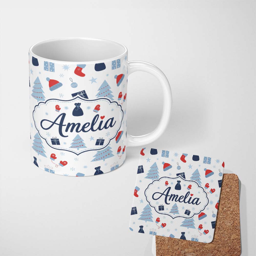 Personalized Custom Name Winter Christmas Trees Gifts Mittens Seamless Pattern Lovely 11oz Ceramic Coffee Tea Mug White Large Handle
