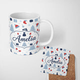 Personalized Custom Name Winter Christmas Trees Gifts Mittens Seamless Pattern Lovely 11oz Ceramic Coffee Tea Mug White Large Handle