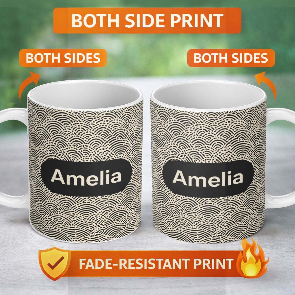 Personalized Custom Name Wave Line Texture Black Cream Flowing Abstract Stripe Pattern Lovely 11oz Ceramic Coffee Tea Mug White Large Handle