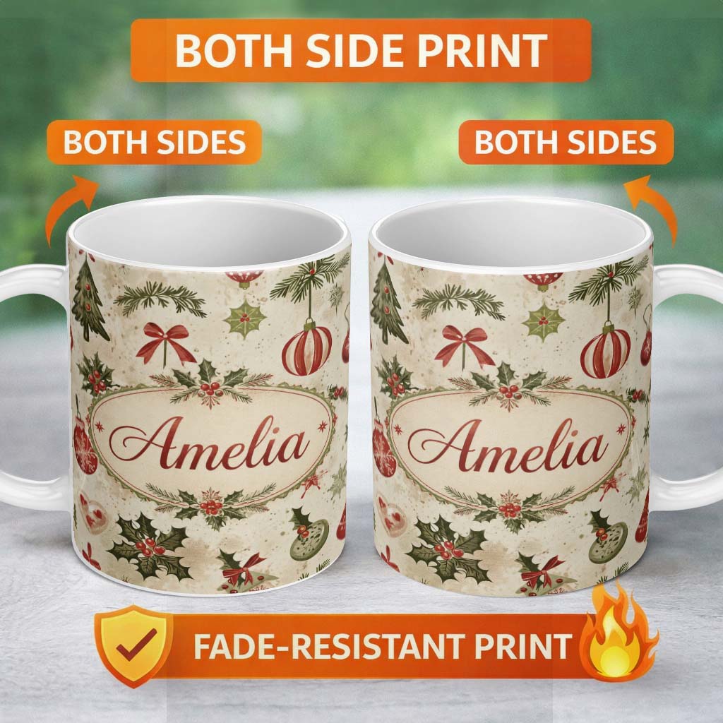 Personalized Custom Name Classic Christmas Ornaments Pine Branches and Bows Traditional 11oz Ceramic Coffee Tea Mug White Large Handle