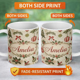 Personalized Custom Name Classic Christmas Ornaments Pine Branches and Bows Traditional 11oz Ceramic Coffee Tea Mug White Large Handle