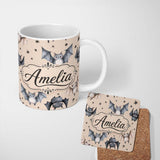 Personalized Custom Name Cute Watercolor Bats and Stars Seamless Pattern Pale Beige Lovely 11oz Ceramic Coffee Tea Mug White Large Handle
