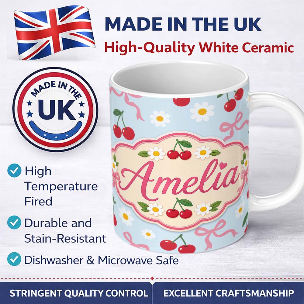 Personalized Custom Name Cute Cherries Daisies and Bows Pastel Seamless Pattern Blue Lovely 11oz Ceramic Coffee Tea Mug White Large Handle