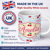 Personalized Custom Name Cute Cherries Daisies and Bows Pastel Seamless Pattern Blue Lovely 11oz Ceramic Coffee Tea Mug White Large Handle