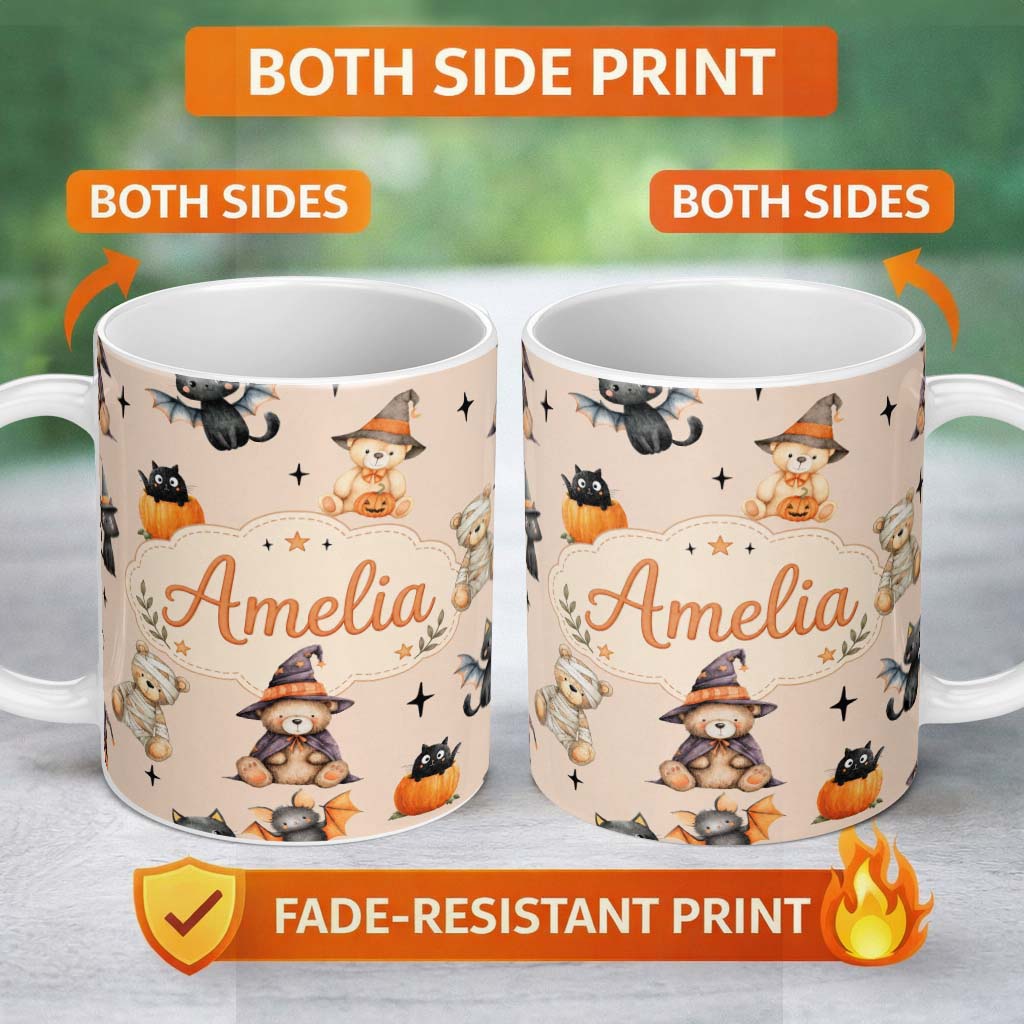 Personalized Custom Name Cute Halloween Teddy Bears Mummy Witch Cat Pumpkin Stars Beige 11oz Ceramic Coffee Tea Mug White Large Handle