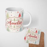 Personalized Custom Name Soft Watercolor Christmas Trees Minimal Winter Seamless Pattern 11oz Ceramic Coffee Tea Mug White Large Handle