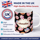 Personalized Custom Name Cute Kawaii Donuts Cakes and Cupcakes with Smiling Faces Seamless 11oz Ceramic Coffee Tea Mug White Large Handle