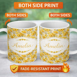 Personalized Custom Name Yellow Poppy Floral Seamless Pattern Botanical Garden Design Lovely 11oz Ceramic Coffee Tea Mug White Large Handle
