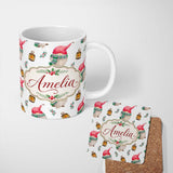 Personalized Custom Name Cute Christmas Gnome Lantern Winter Holiday Seamless Pattern Lovely 11oz Ceramic Coffee Tea Mug White Large Handle