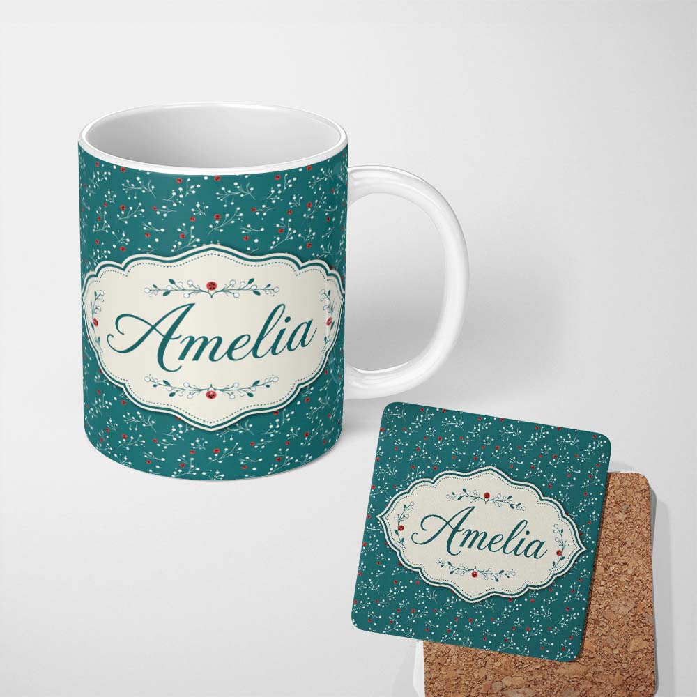 Personalized Custom Name Modern Teal Background Red and White Berry Branch Pattern Lovely 11oz Ceramic Coffee Tea Mug White Large Handle