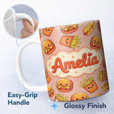 Personalized Custom Name Cute Kawaii Burger Fries Hotdog Fast Food Beige Background Seamless 11oz Ceramic Coffee Tea Mug White Large Handle