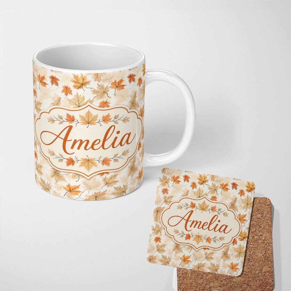 Personalized Custom Name Neutral Autumn Maple Leaves in Soft Beige and Orange Tones on Light 11oz Ceramic Coffee Tea Mug White Large Handle