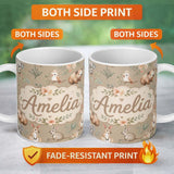 Personalized Custom Name Cute Woodland Animals Koala Kangaroo Bear Floral Pattern Taupe 11oz Ceramic Coffee Tea Mug White Large Handle