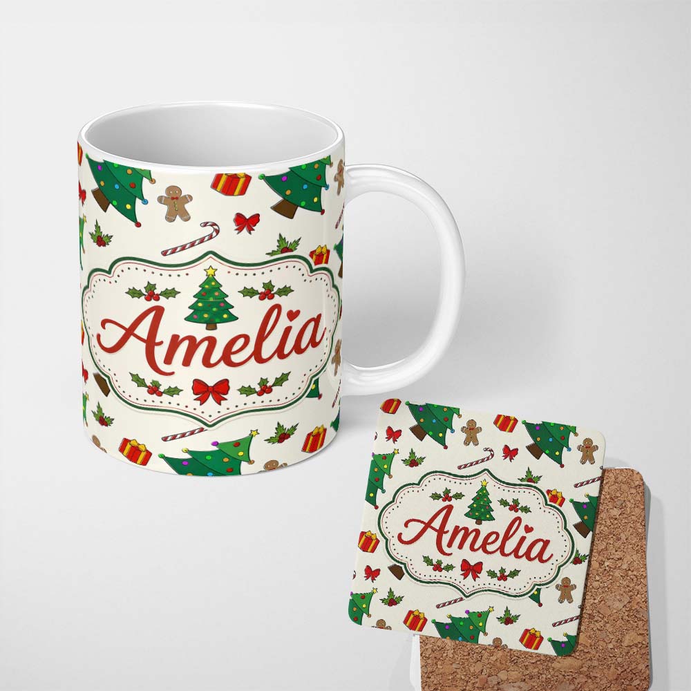 Personalized Custom Name Cute Christmas Trees with Gifts Candy Canes and Gingerbread Seamless 11oz Ceramic Coffee Tea Mug White Large Handle