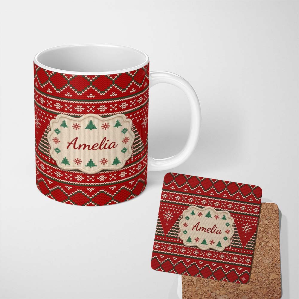 Personalized Custom Name Christmas Tree Heart Knit Pattern Red Green White Nordic Festive 11oz Ceramic Coffee Tea Mug White Large Handle
