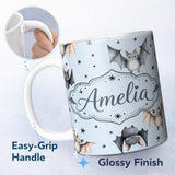 Personalized Custom Name Cute Watercolor Bats and Stars Seamless Pattern Soft Blue Background 11oz Ceramic Coffee Tea Mug White Large Handle