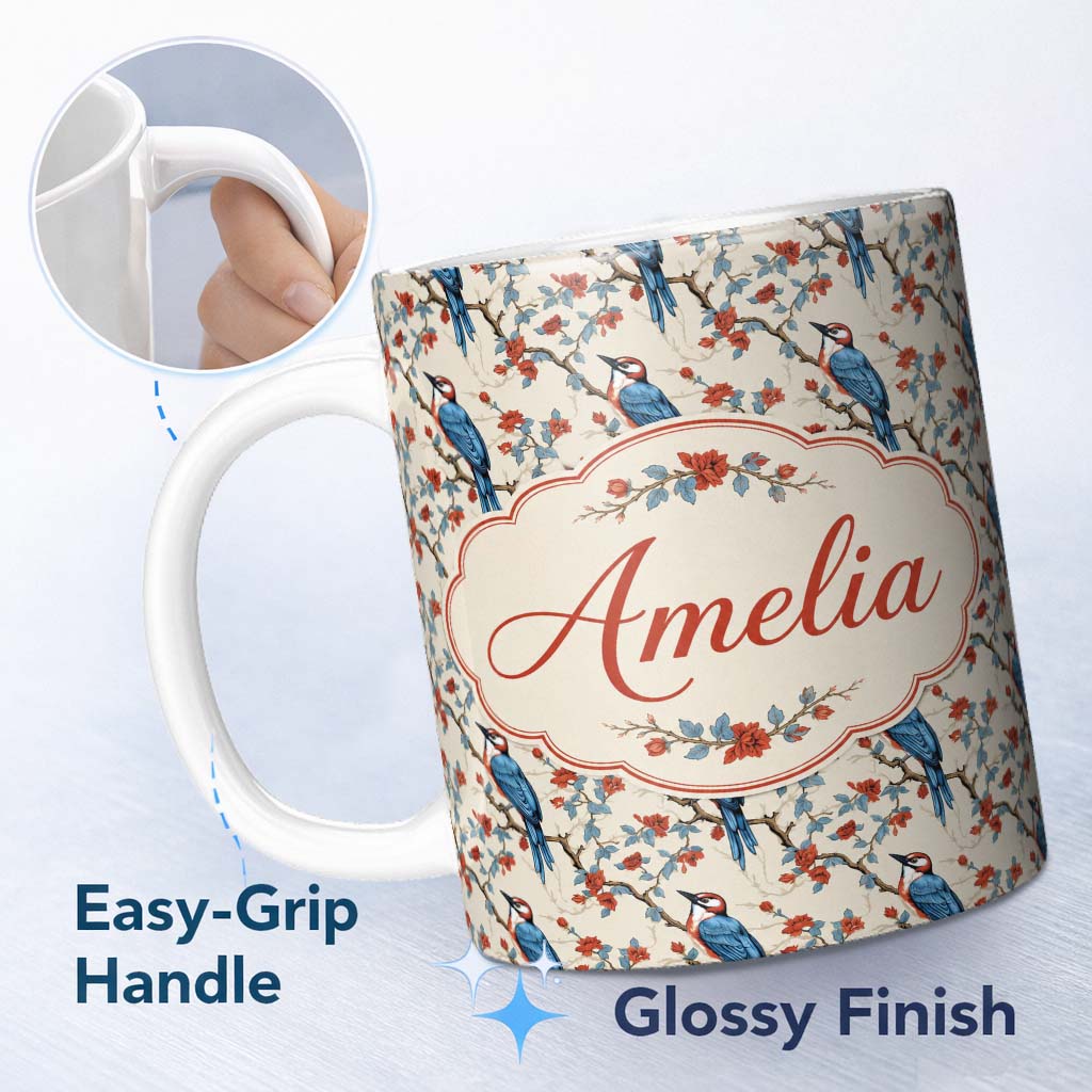 Personalized Custom Name Classic Blue Bird with Red Flowers Vintage Seamless Pattern Lovely 11oz Ceramic Coffee Tea Mug White Large Handle