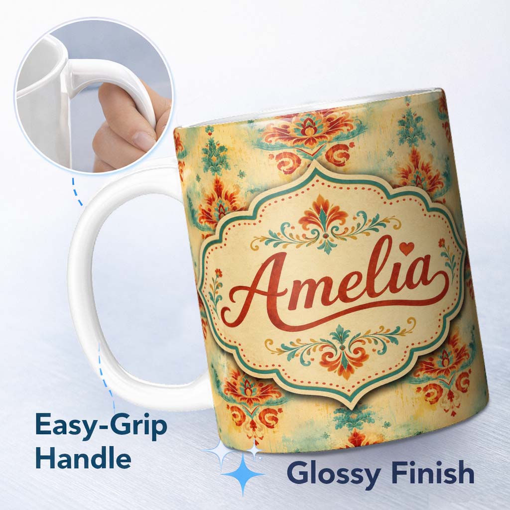 Personalized Custom Name Vintage Distressed Damask Motif Pattern in Red Teal and Gold Lovely 11oz Ceramic Coffee Tea Mug White Large Handle