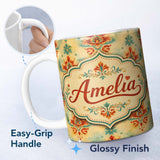 Personalized Custom Name Vintage Distressed Damask Motif Pattern in Red Teal and Gold Lovely 11oz Ceramic Coffee Tea Mug White Large Handle