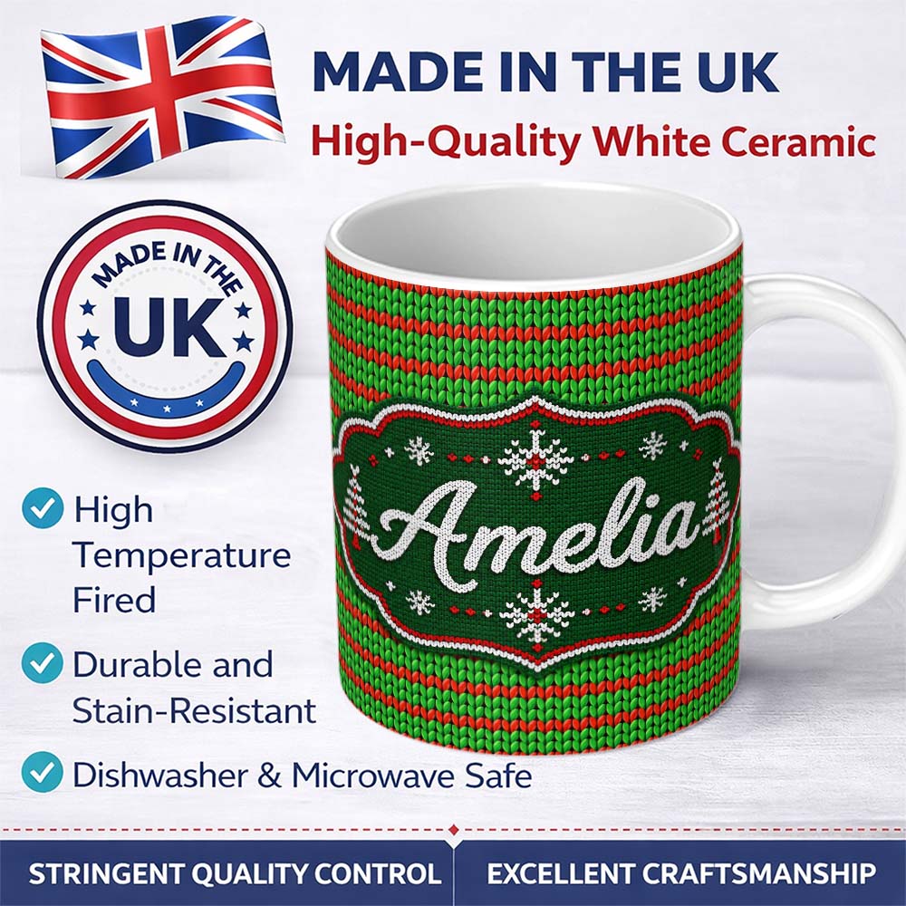 Personalized Custom Name Red Green Knitted Texture Seamless Pattern Stylish Everyday Mug 11oz Ceramic Coffee Tea Mug White Large Handle