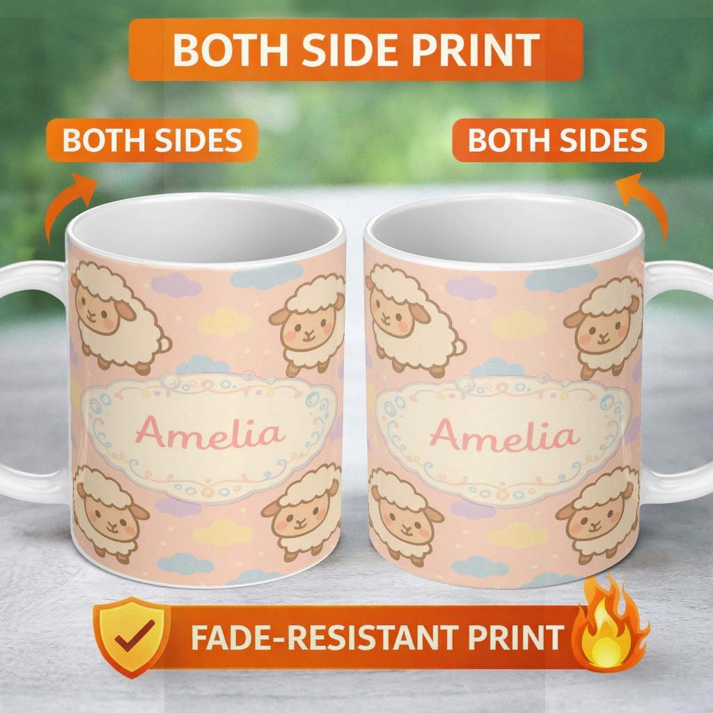 Personalized Custom Name Cute Sheep Cloud Cartoon Farm Animal Pattern Cute Unique Gift Lovely 11oz Ceramic Coffee Tea Mug White Large Handle