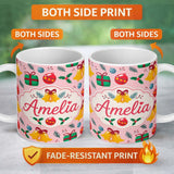 Personalized Custom Name Festive Bells Gift Holly Ornament Seamless Pattern Cute Unique Gift 11oz Ceramic Coffee Tea Mug White Large Handle