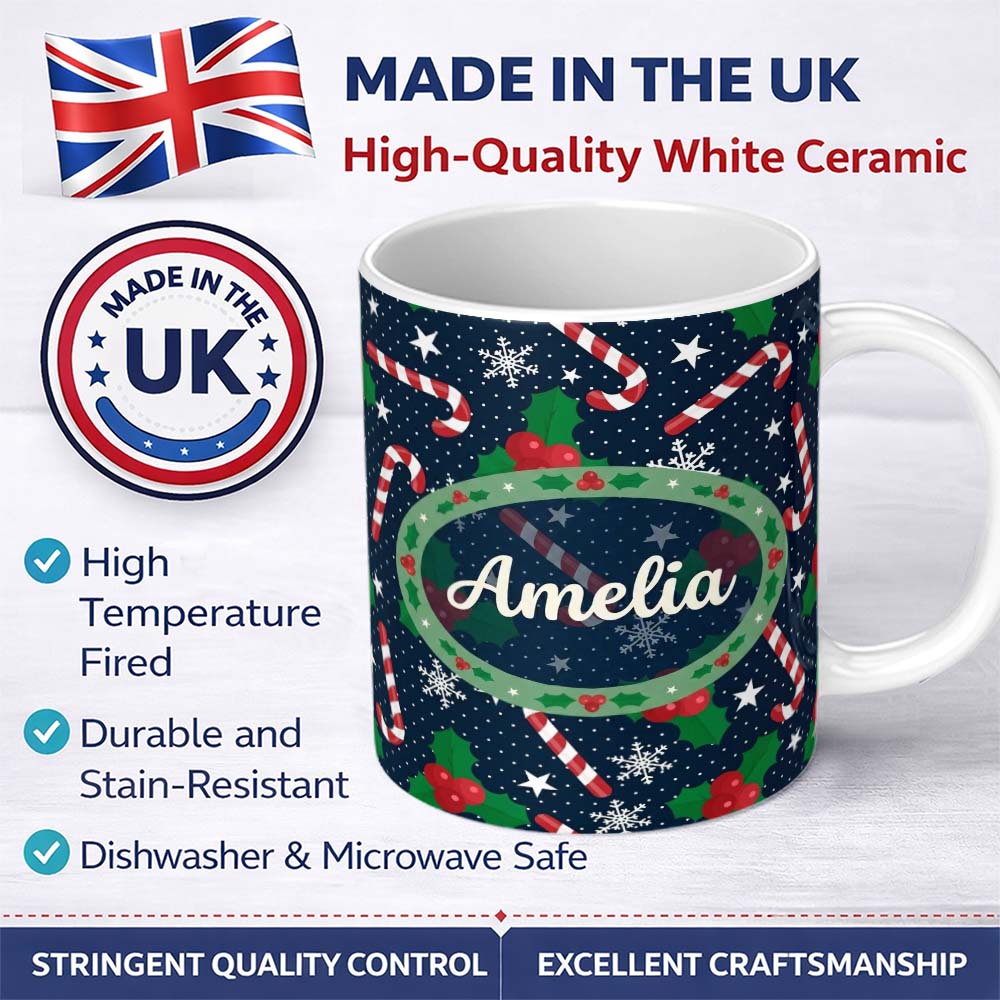 Personalized Custom Name Dark Winter Candy Cane Holly Snowflake Night Seamless Pattern Lovely 11oz Ceramic Coffee Tea Mug White Large Handle