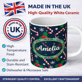 Personalized Custom Name Dark Winter Candy Cane Holly Snowflake Night Seamless Pattern Lovely 11oz Ceramic Coffee Tea Mug White Large Handle