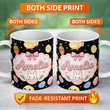 Personalized Custom Name Cute Easter Bunny Chick Carrots Eggs Polka Dot Pattern Black Lovely 11oz Ceramic Coffee Tea Mug White Large Handle