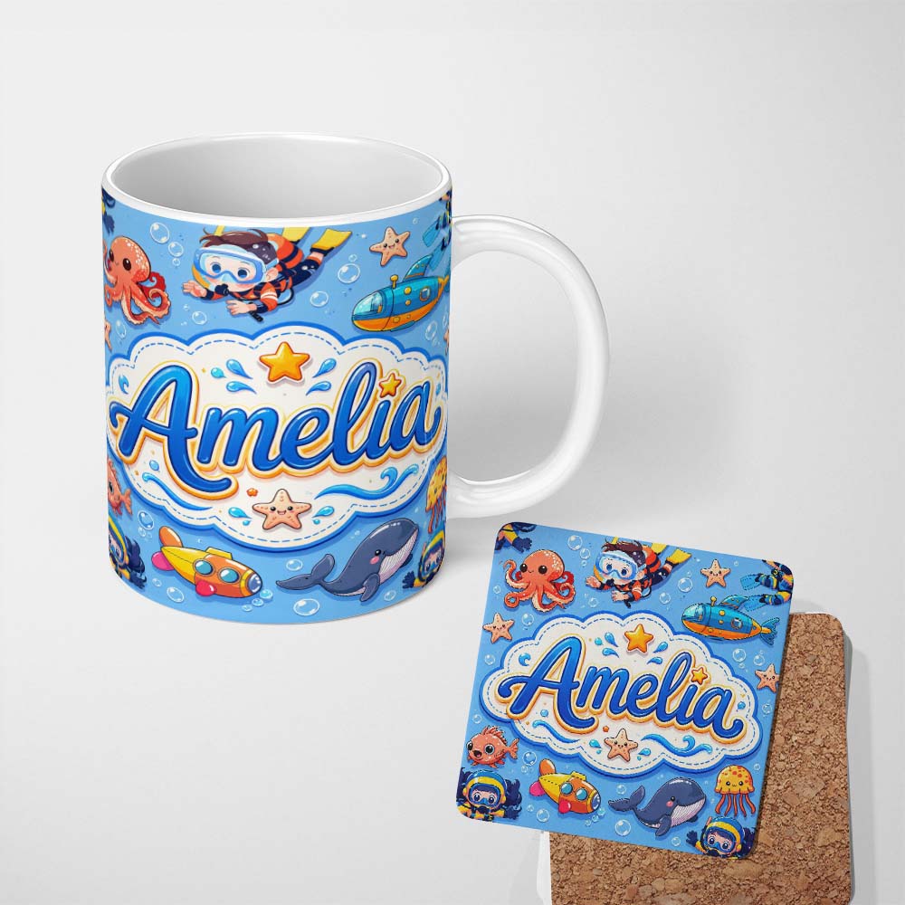 Personalized Custom Name Kids Scuba Divers Submarine Jellyfish Ocean Animals Blue Background 11oz Ceramic Coffee Tea Mug White Large Handle