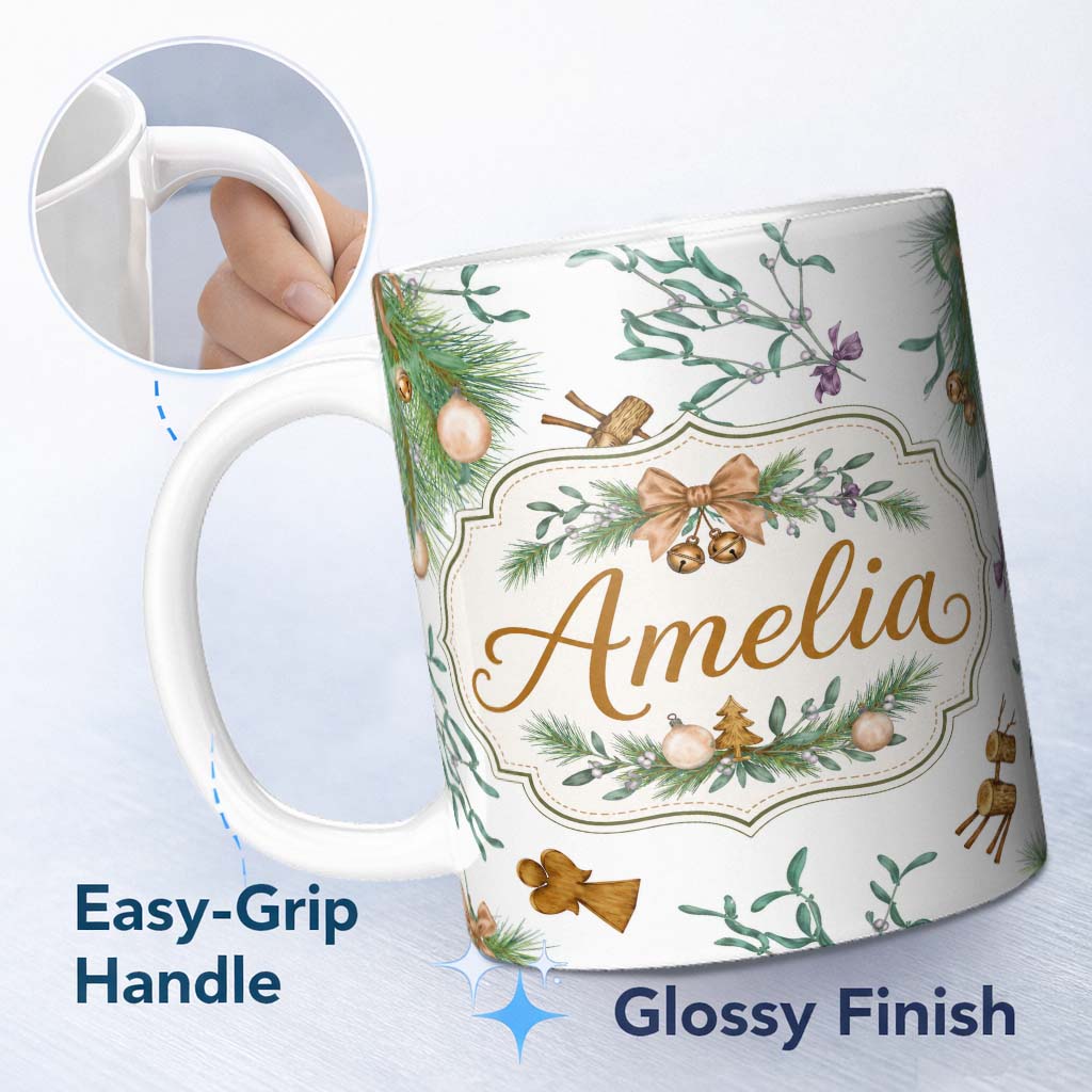 Personalized Custom Name Elegant Christmas Pine Mistletoe Baubles Bells Seamless Pattern 11oz Ceramic Coffee Tea Mug White Large Handle