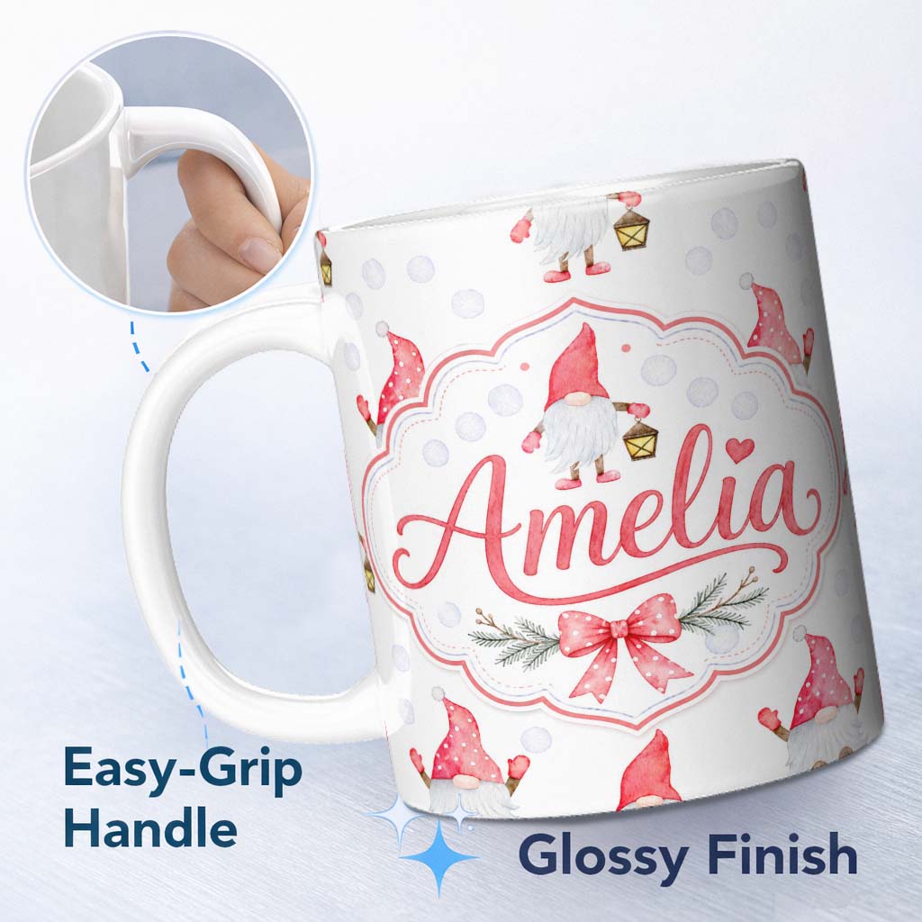 Personalized Custom Name Cute Christmas Gnome Lantern Snow Polka Dot Seamless Pattern Lovely 11oz Ceramic Coffee Tea Mug White Large Handle