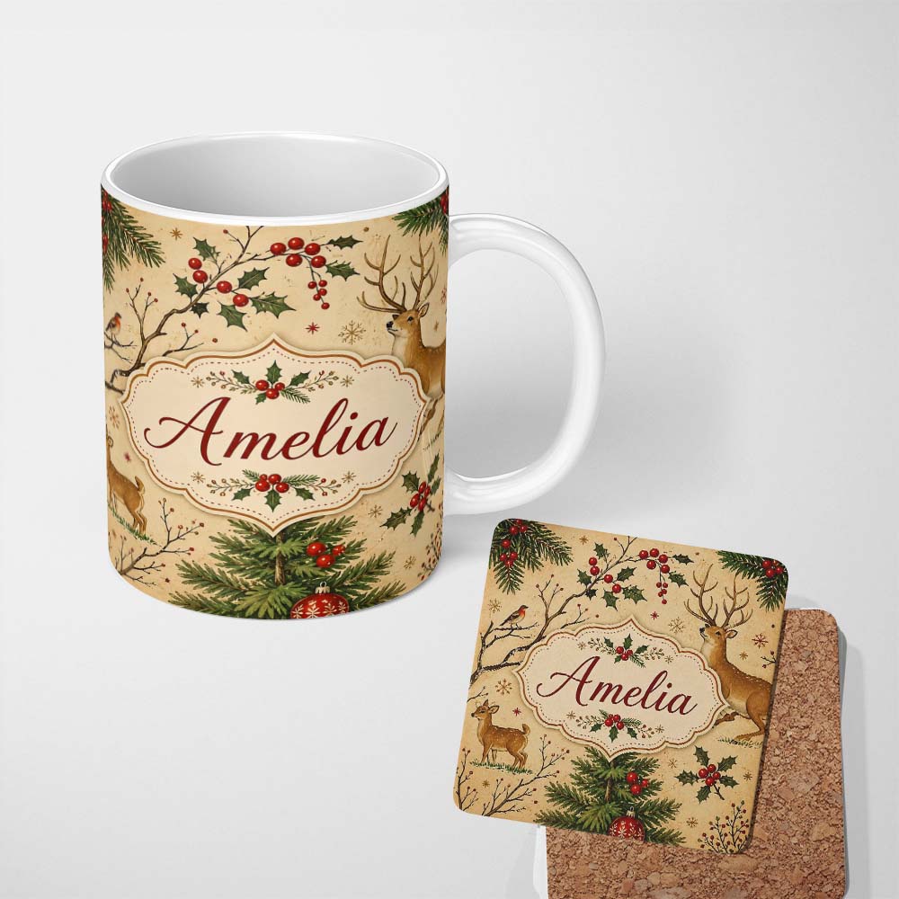 Personalized Custom Name Winter Deer Forest Holly Berries Nature Seamless Pattern Lovely 11oz Ceramic Coffee Tea Mug White Large Handle