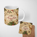 Personalized Custom Name Winter Deer Forest Holly Berries Nature Seamless Pattern Lovely 11oz Ceramic Coffee Tea Mug White Large Handle