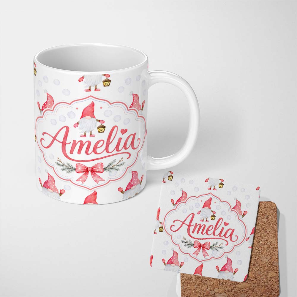Personalized Custom Name Cute Christmas Gnome Lantern Snow Polka Dot Seamless Pattern Lovely 11oz Ceramic Coffee Tea Mug White Large Handle