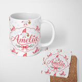 Personalized Custom Name Cute Christmas Gnome Lantern Snow Polka Dot Seamless Pattern Lovely 11oz Ceramic Coffee Tea Mug White Large Handle