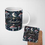 Personalized Custom Name Magical Mushroom Crescent Moon Night Seamless Pattern Lovely 11oz Ceramic Coffee Tea Mug White Large Handle