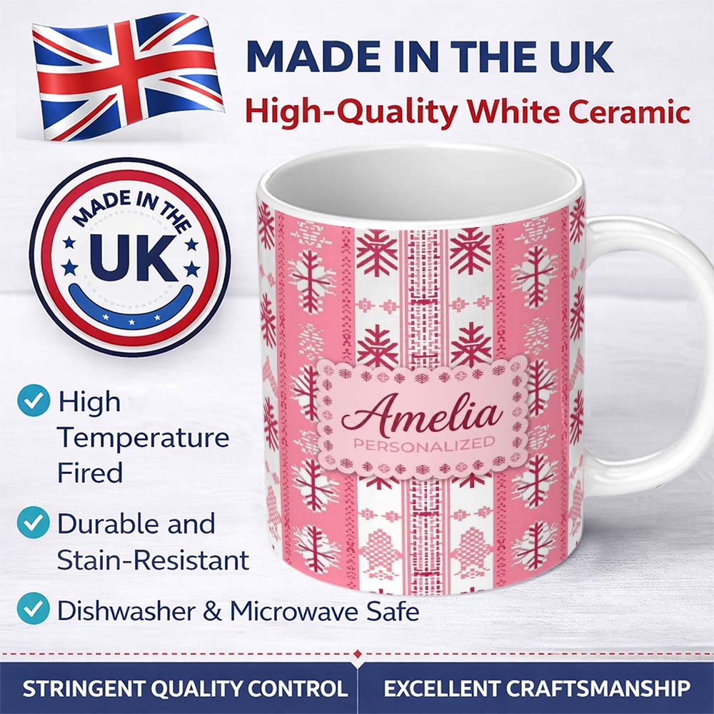 Personalized Custom Name Scandinavian Pink Snowflake Nordic Seamless Pattern Cute Unique Gift 11oz Ceramic Coffee Tea Mug White Large Handle