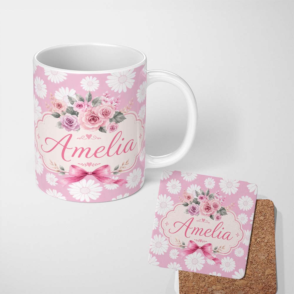 Personalized Custom Name White Daisy Floral Pattern on Dusty Rose Background Seamless Pattern 11oz Ceramic Coffee Tea Mug White Large Handle