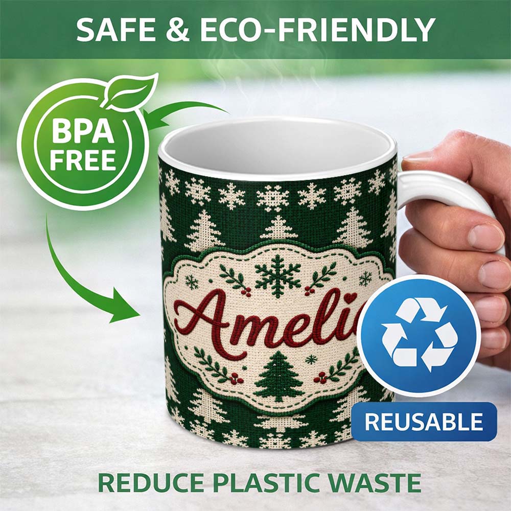 Personalized Custom Name Cute Dark Green Knitted Christmas Tree Snowflake Seamless Pattern 11oz Ceramic Coffee Tea Mug White Large Handle
