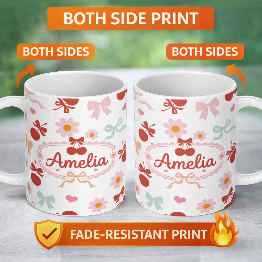 Personalized Custom Name Cute Cherry Bow Daisy Heart Seamless Pattern on Pale Blush Pink 11oz Ceramic Coffee Tea Mug White Large Handle