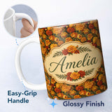 Personalized Custom Name Rich Orange Floral Garden Seamless Pattern on Dark Background Lovely 11oz Ceramic Coffee Tea Mug White Large Handle