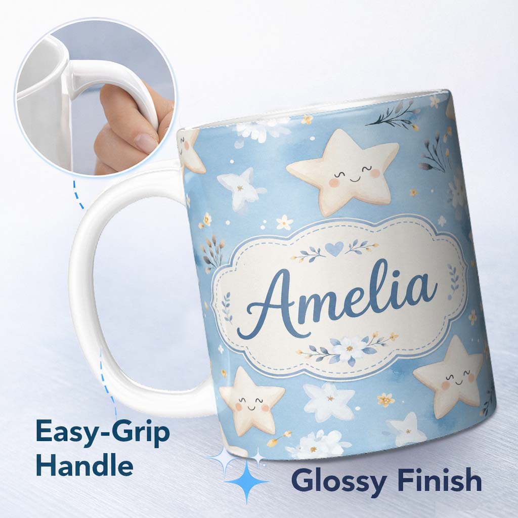 Personalized Custom Name Cute Smiling Starfish with Soft Blue Floral Background Seamless 11oz Ceramic Coffee Tea Mug White Large Handle