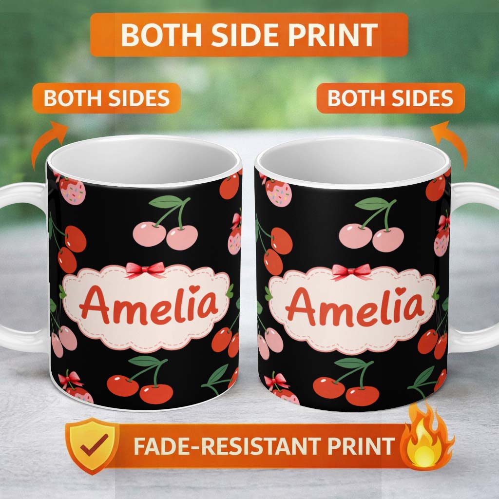 Personalized Custom Name Cherry Fruit Vertical Stripe Soft Pastel Background Seamless Pattern 11oz Ceramic Coffee Tea Mug White Large Handle