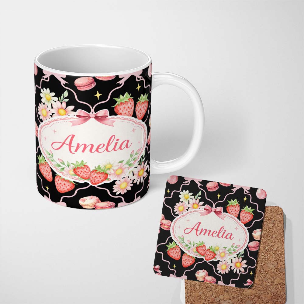 Personalized Custom Name Strawberry Cherry Daisy Soft Neutral Outline Cute Coquette Floral 11oz Ceramic Coffee Tea Mug White Large Handle