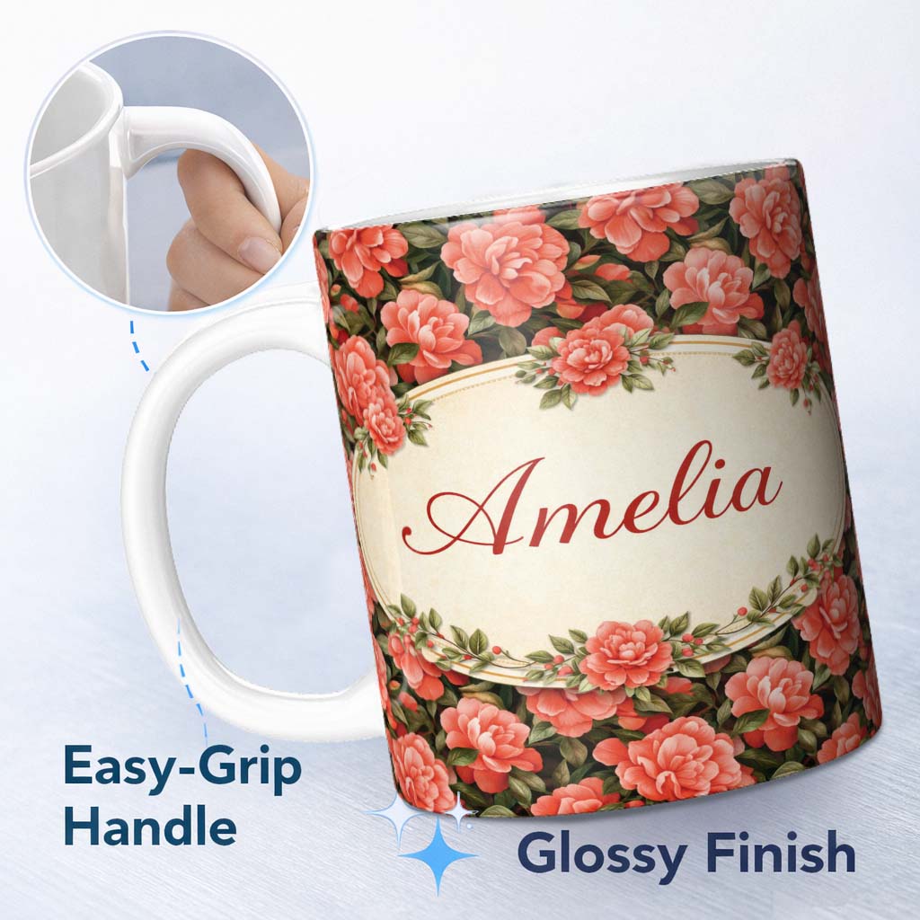 Personalized Custom Name Soft Coral Peony Floral Seamless Pattern Stylish Everyday Mug Lovely 11oz Ceramic Coffee Tea Mug White Large Handle
